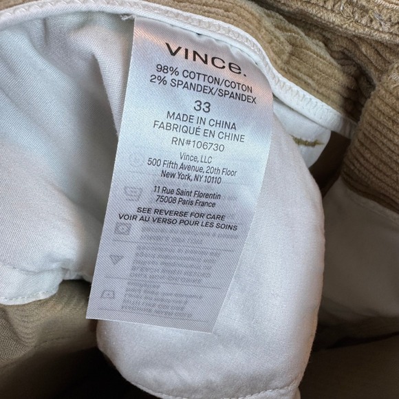 Vince Classic Fit Owen 5 Pocket Corduroy Pants Mens Size 33 Tan - Picture 7 of 9